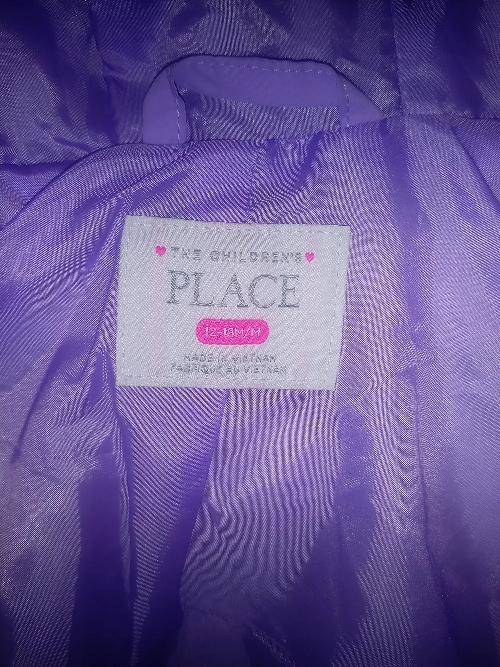 The Children's Place Lilac Puffer Jacket with Hood Size 12/18 Months